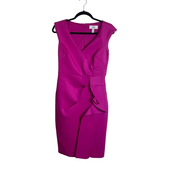Belle Badgley Mischka Dress Womens 4 Fuchsia Sheath Ruffle V Neck Sleeveless - Picture 1 of 11